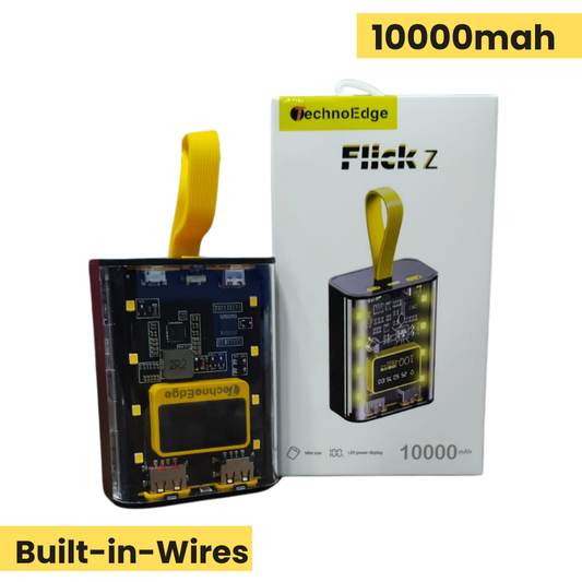 Technoedge Flick Z 10000mAh Power Bank with Built-in Cables, iPhone 15 Type-C Support, Fast Charging, and LED Light