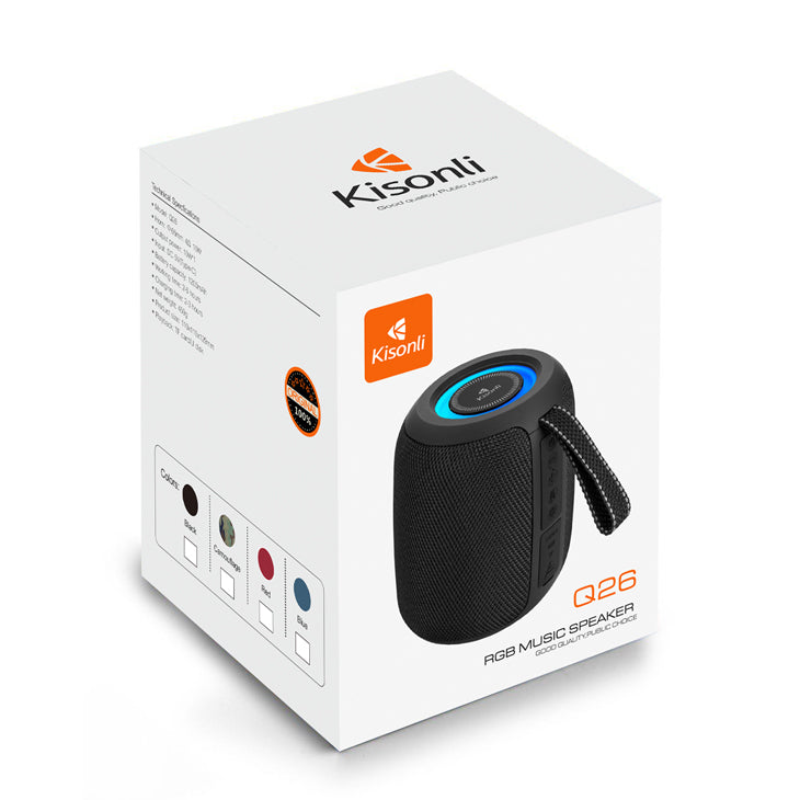 Kisonli Q26 10W Bluetooth Speaker with RGB Lights, TWS, FM, USB, TF Card Support, and Deep Bass